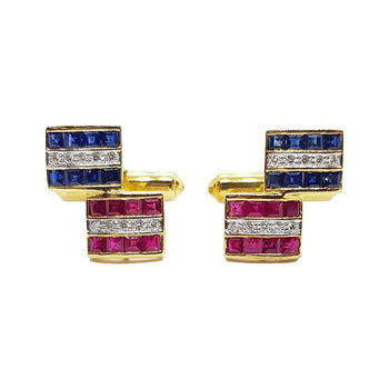 SJ1566 - Blue Sapphire, Ruby and Diamond Cufflinks Set in 18 Karat Gold Settings