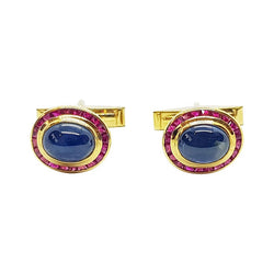 SJ1928 - Cabochon Blue Sapphire with Ruby Cufflinks Set in 18 Karat Gold Settings