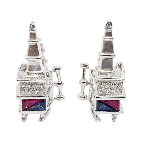 SJ1372 - Blue Sapphire, Ruby and Diamond Oil-Rig Cufflinks Set in 18 Karat White Gold
