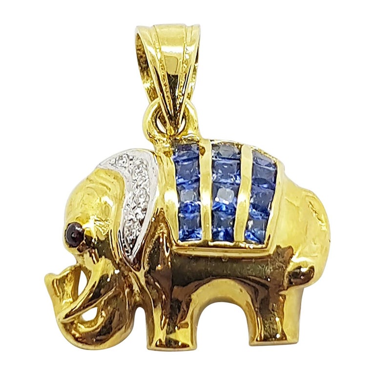 SJ1989 - Blue Sapphire with Diamond Elephant Pendant Set in 18 Karat Gold Settings
