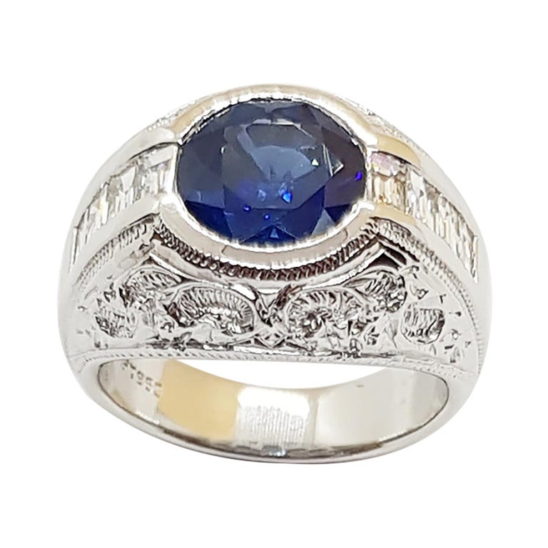 SJ1476 - Round Cut Blue Sapphire, Diamond with Engraving Ring Set in Platinum 950