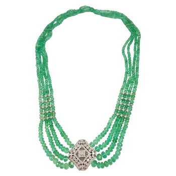 SJ1574 - Emerald Beads with Diamond Necklace Set in 18 Karat White Gold Settings