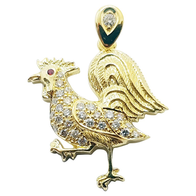 SJ6174 - Brown Diamond with Ruby Rooster Chinese Zodiac Pendant Set in 18 Karat Gold