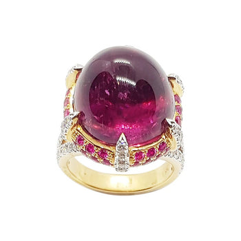 SJ1457 - Cabochon Rubellite with Pink Sapphire and Diamond Ring in 18 Karat Rose Gold