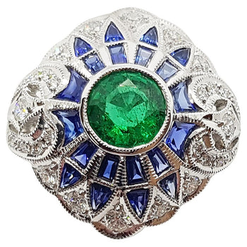 SJ1446 - Emerald with Blue Sapphire and Diamond Ring Set in 18 Karat White Gold Settings