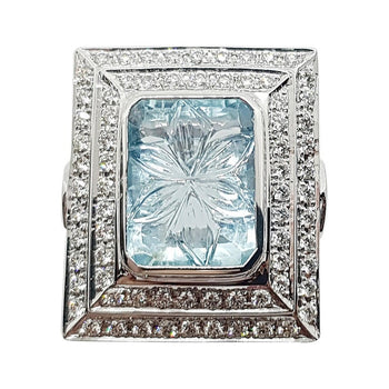 SJ6187 - Carved Aquamarine with Diamond Ring Set in 18 Karat White Gold Settings