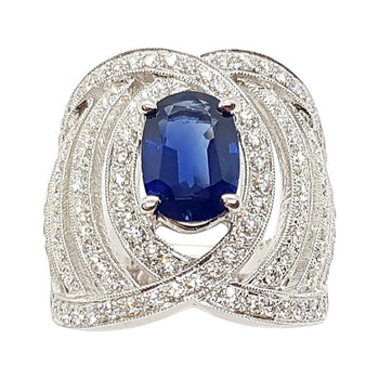 SJ1578 - Blue Sapphire with Diamond Ring Set in 18 Karat White Gold Settings