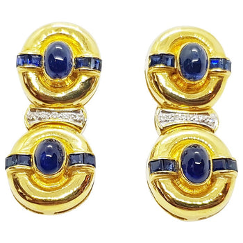 SJ1966 - Cabochon Blue Sapphire with Diamond and Blue Sapphire Earrings in 18 Karat Gold