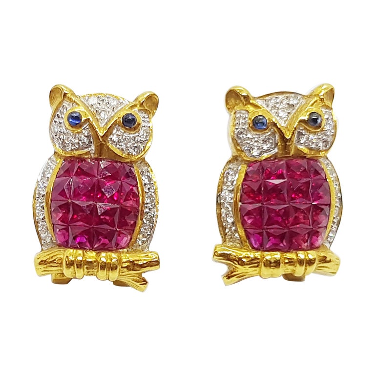 SJ6191 - Ruby with Diamond and Cabochon Blue Sapphire Owl Earrings in 18 Karat Gold