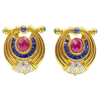 SJ1556 - Ruby, Blue Sapphire, Emerald with Diamond Earrings Set in 18 Karat Gold Settings