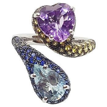 SJ1713 - Amethyst, Blue Topaz, Yellow Sapphire, Blue Sapphire Ring in 18 Karat White Gold