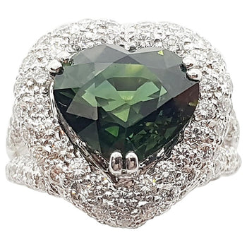 SJ1566 - Heart Shape Green Sapphire with Diamond Ring Set in 18 Karat White Gold Settings