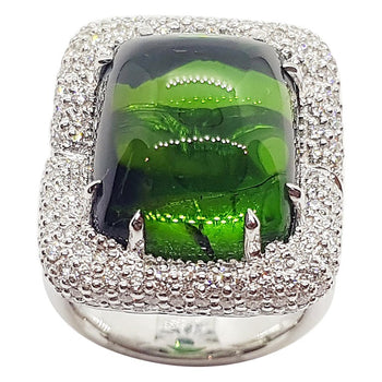 SJ6116 - Cabochon Green Tourmaline with Diamond Ring Set in 18 Karat White Gold Settings