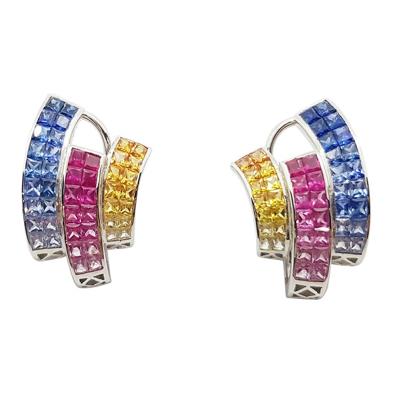 SJ1355 - Multi-Color Sapphire Earrings Set in 18 Karat White Gold Setting