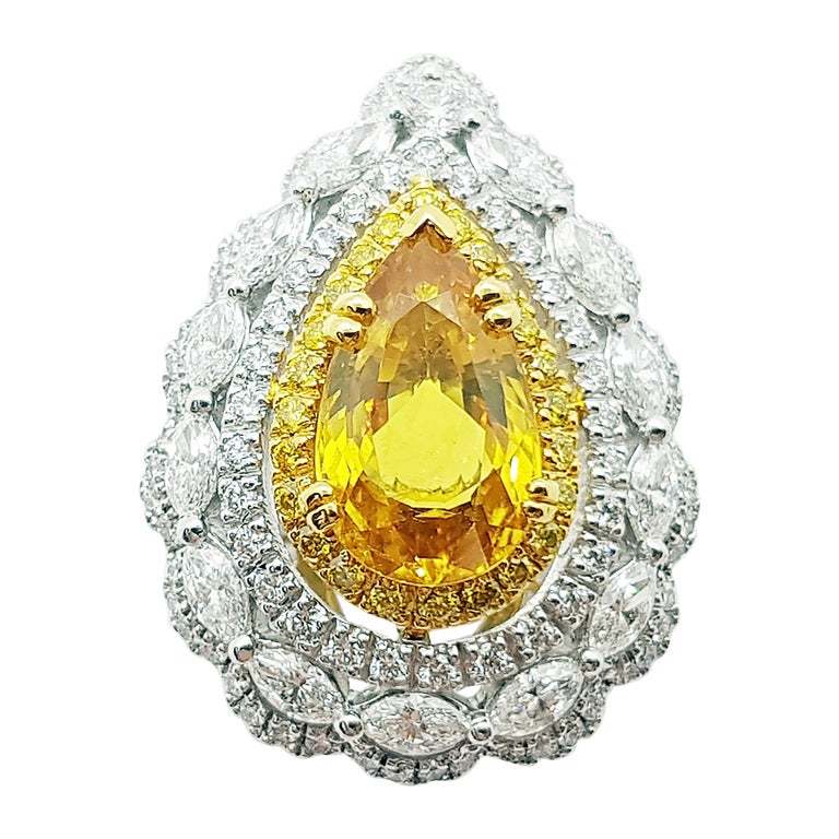 SJ1514 - Yellow Sapphire with Diamond and Yellow Diamond Ring Set in 18 Karat White Gold