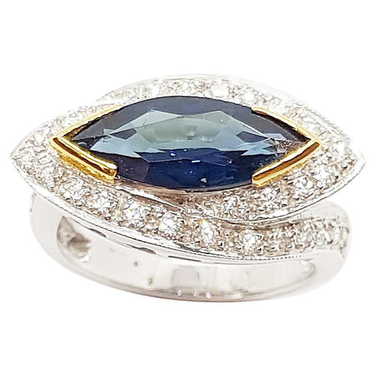 SJ1986 - Marquise Blue Sapphire with Diamond Ring Set in 18 Karat White Gold Settings