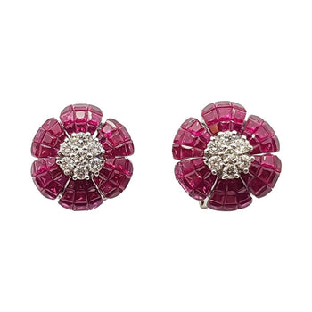 SJ1526 - Ruby with Diamond Flower Earrings Set in 18 Karat White Gold Settings