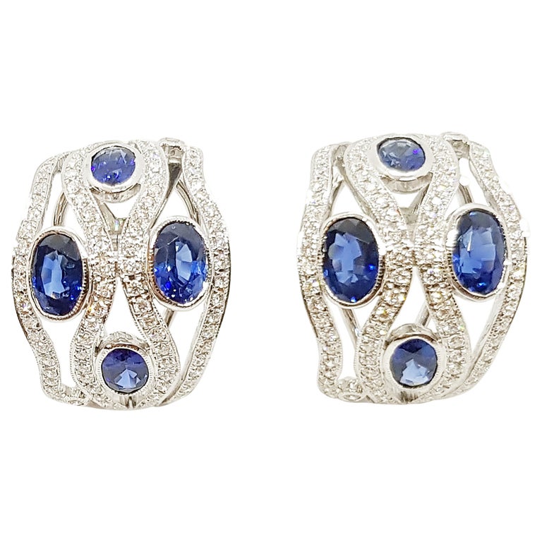 SJ1506 - Blue Sapphire with Diamond Earrings Set in 18 Karat White Gold Settings