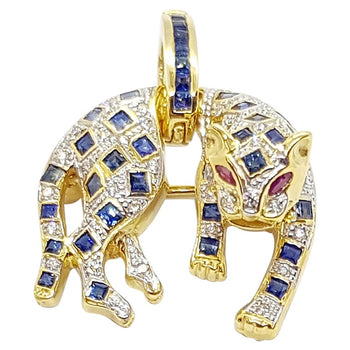 SJ6094 - Blue Sapphire with Diamond with Ruby Panther Pendant/Brooch in 18 Karat Gold