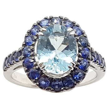 SJ1406 - Aquamarine with Blue Sapphire Ring Set in 18 Karat White Gold Settings