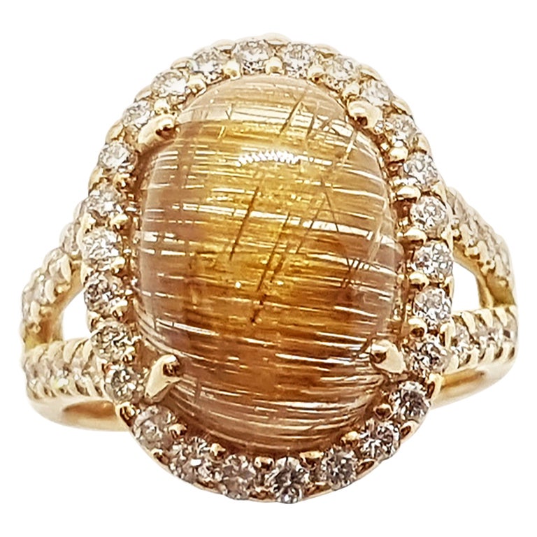 SJ1499 - Rutilated Quartz with Brown Diamond Ring Set in 18 Karat Rose Gold Settings
