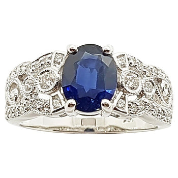 SJ1446 - Blue Sapphire with Diamond Ring Set in 18 Karat White Gold Settings