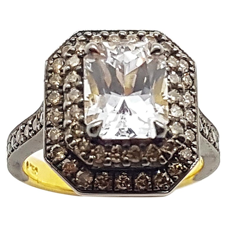 SJ1986 - White Sapphire with Brown Diamond Ring Set in 18 Karat Gold Settings