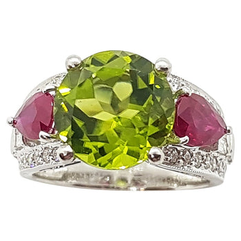 SJ6145 - Peridot with Ruby and Diamond Ring Set in 18 Karat White Gold Settings