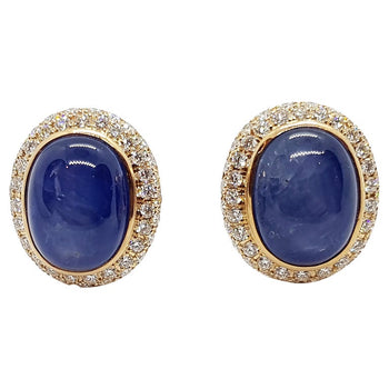 SJ1516 - Cabochon Blue Sapphire with Diamond Earrings Set in 18 Karat Gold Settings