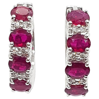 SJ1706 - Ruby with Diamond Hoop Earrings Set in 18 Karat White Gold Settings