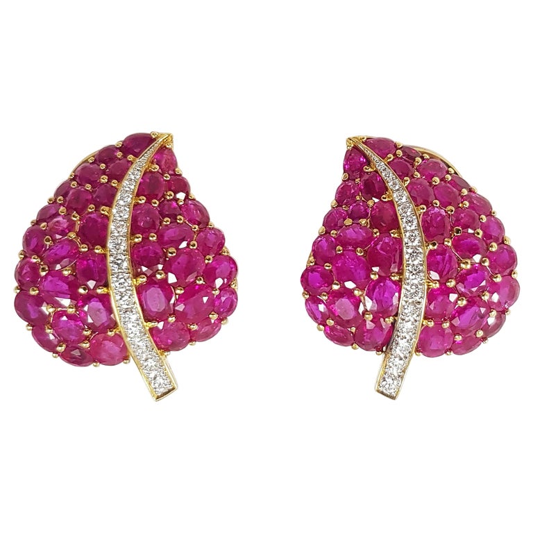 SJ1529 - Ruby with Diamond Leaf Earrings Set in 18 Karat Gold Settings