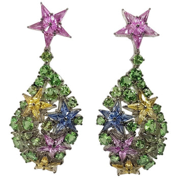 SJ1589 - Multi-Color Sapphire with Tsavorite Star Earrings Set in 18 Karat White Gold