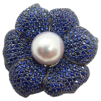 SJ1586 - South Sea Pearl with Blue Sapphire Brooch/Pendant Set in 18 Karat White Gold