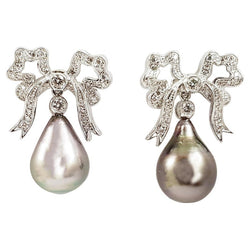 JE0376S - South Sea Pearl & Diamond Bow Earrings Set in 18K White Gold Setting