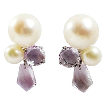 SJ6125 - Fresh Water Pearl with Amethyst Earrings Set in 18 Karat White Gold Settings