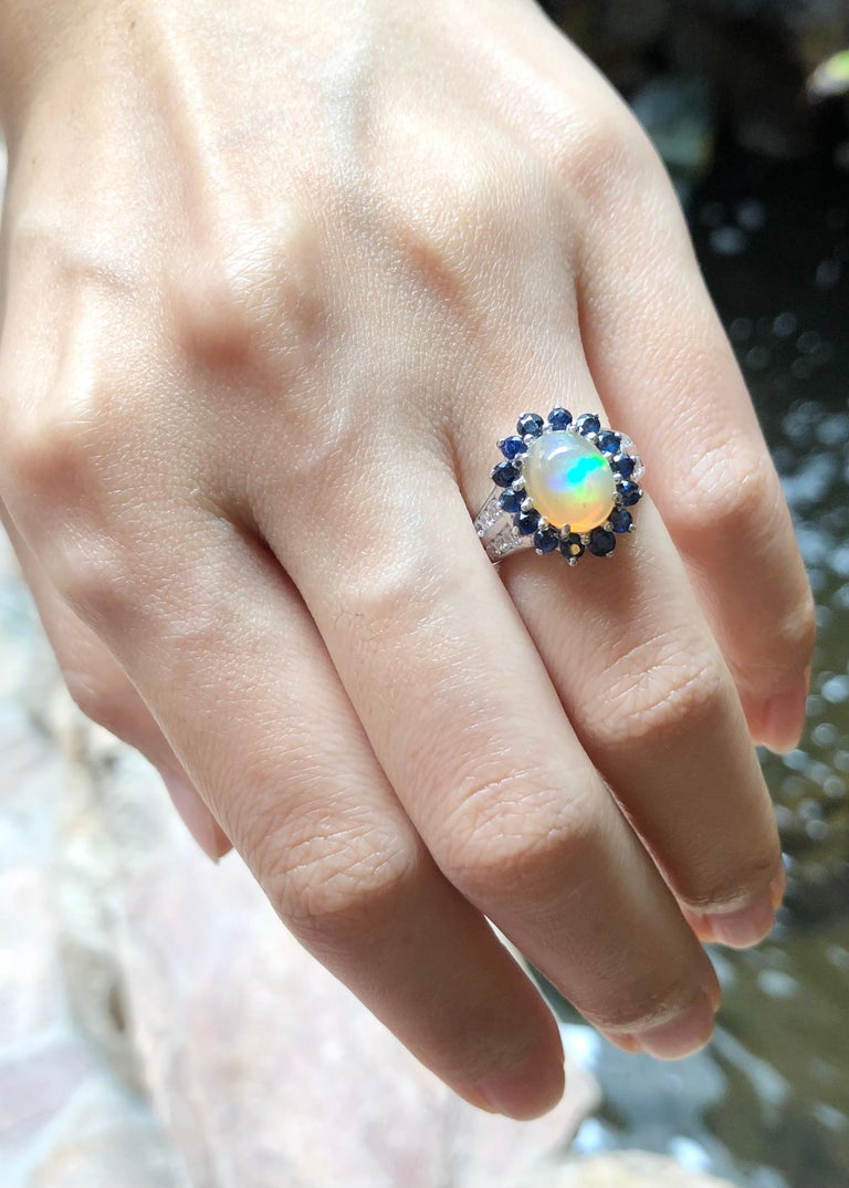 SJ3094 - Opal, Blue Sapphire with Cubic Zirconia Ring set in Silver Settings