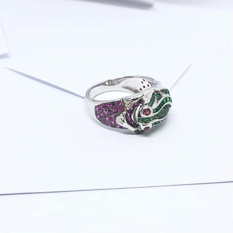 SJ3272 - Tsavorite, Pink Sapphire and Ruby Frog Ring Set in 18 Karat White Gold Settings