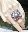 SJ6339 - South Sea Pearl with Green Sapphire, Pink Sapphire Ring in 18 Karat Rose Gold