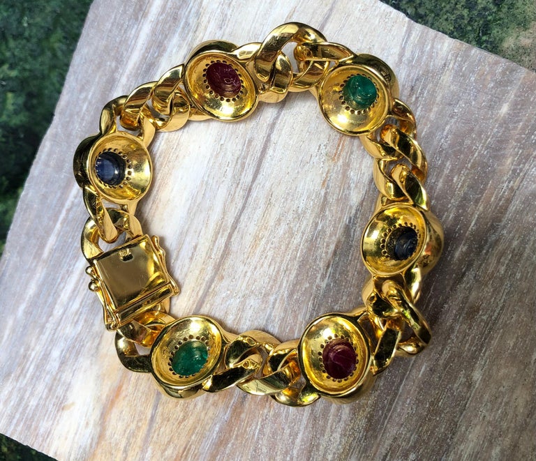 SJ1491 - Cabochon Ruby, Blue Sapphire, Emerald with Diamond Bracelet Set in 18 Karat Gold