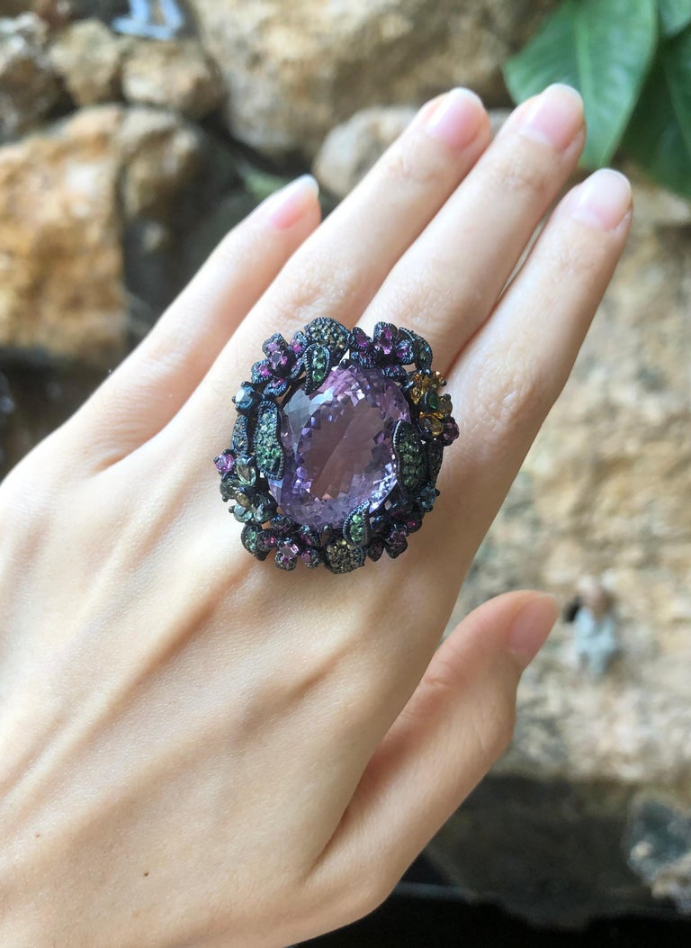 SJ3203 - Amethyst and Multi-Color Sapphire, Tsavorite Ring set in Silver Settings