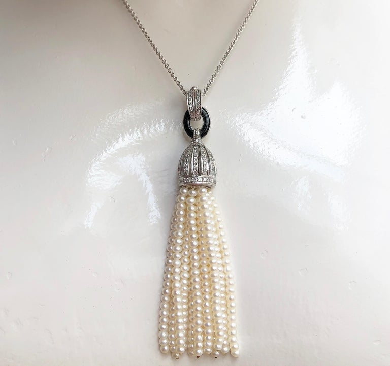 SJ2166 - Fresh Water Pearl, Diamond, Onyx Tassel Pendant Set in 18 Karat White Gold