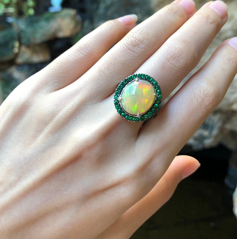 SJ1352 - Opal 3.84 Carats with Tsavorite 0.96 Carat Ring Set in 18 Karat White Gold Setti