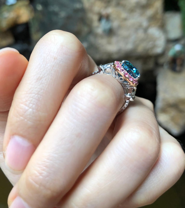 SJ1449 - Blue Zircon with Pink Sapphire, White Sapphire Ring set in 18 Karat White Gold