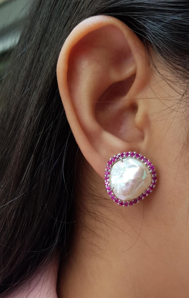 JE0550R - Fresh Water Pearl & Ruby Earrings Set in 18 Karat White Gold Setting