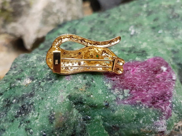 SJ2294 - Brown Diamond with Emerald Panther Brooch Set in 18 Karat Gold