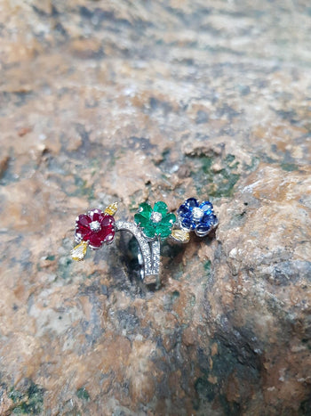 SJ2106 - Ruby, Blue Sapphire, Emerald with Yellow Diamond and Diamond Ring 18k White Gold