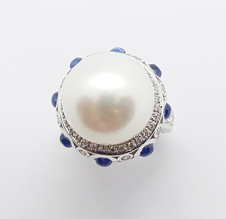SJ2188 - South Sea Pearl with Cabochon Blue Sapphire and Diamond Ring 18 Karat White Gold