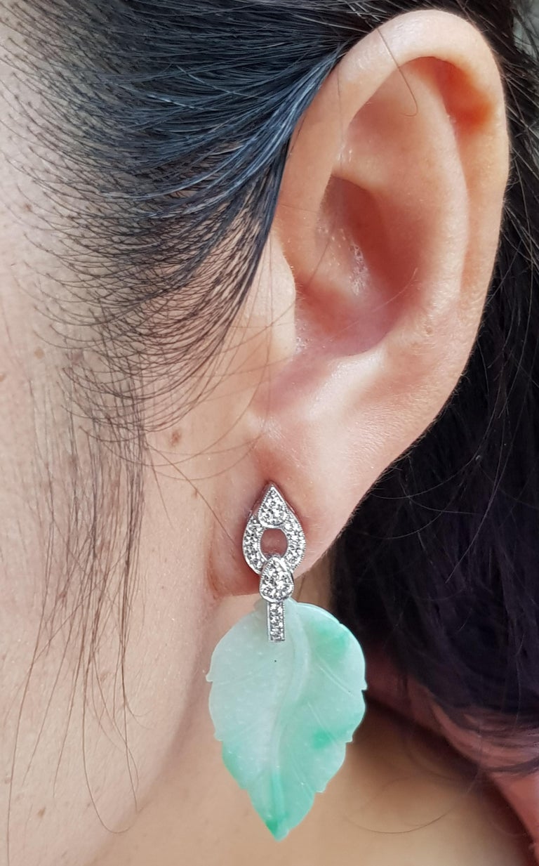 SJ6213 - Carve Jade with Diamond Leaf Earrings Set in 18 Karat White Gold Settings