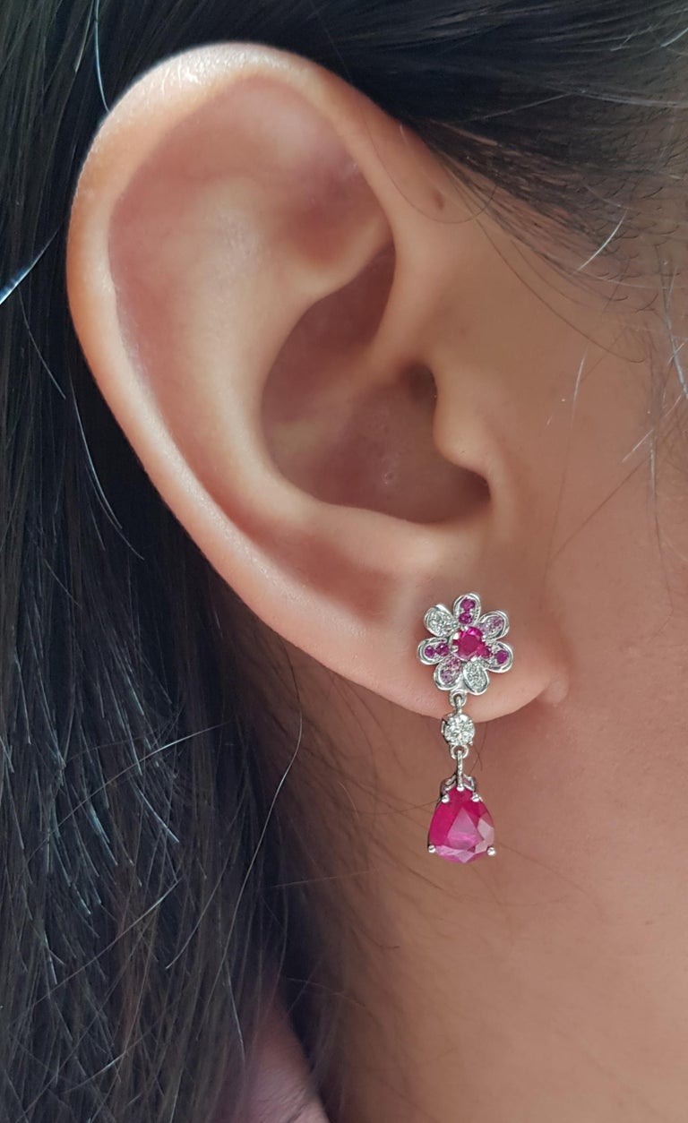 SJ2068 - Ruby with Diamond and Pink Sapphire Flower Earrings Set in 18 Karat White Gold
