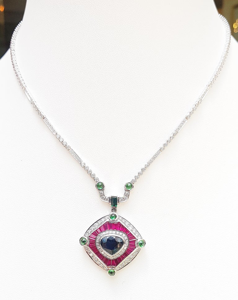 SJ1748 - Blue Sapphire, Ruby, Tsavorite and Diamond Necklace Set in 18 Karat White Gold